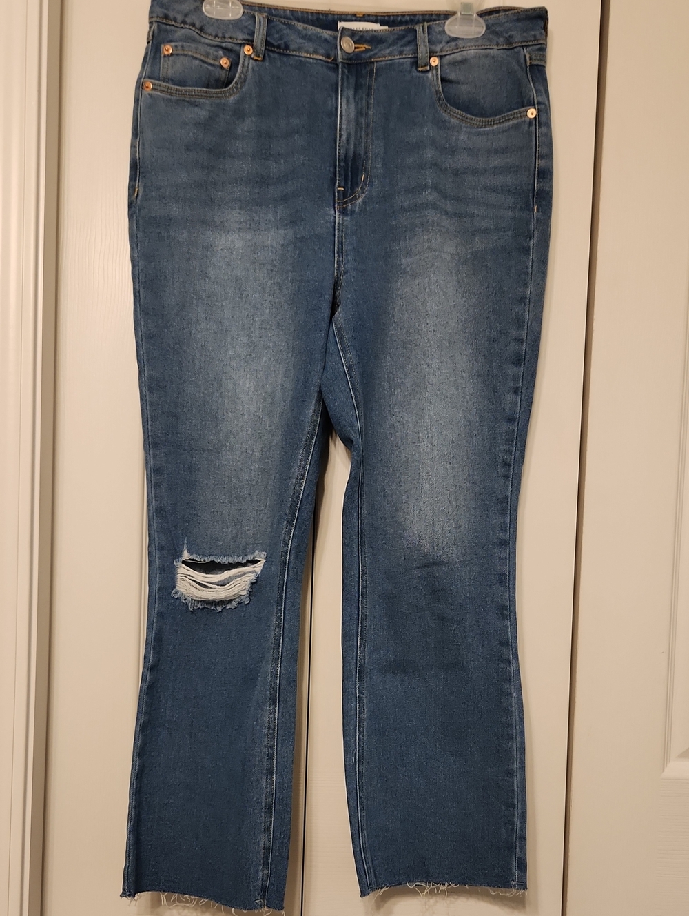 Avec Les Filles High Waist Distressed Unfinished Hem Straight Leg Jeans